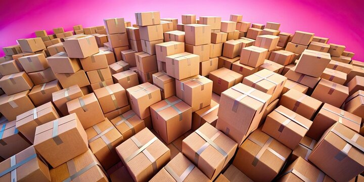 Square carton boxes on pink background photographed with a fisheye lens