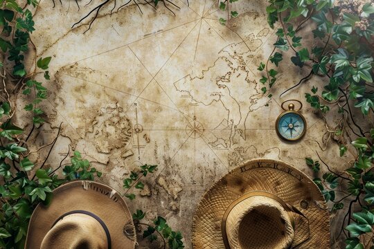 A vintage treasure map surrounded by greenery and adventure gear, set in a mysterious, exploratory theme, ideal for travel enthusiasts