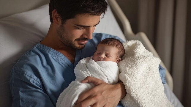 Very realistic photo of a father gently holding his newborn baby wrapped in a soft white blanket The father, in a plain blue hospital gown, gazes lovingly at his child, highlighting a serene moment