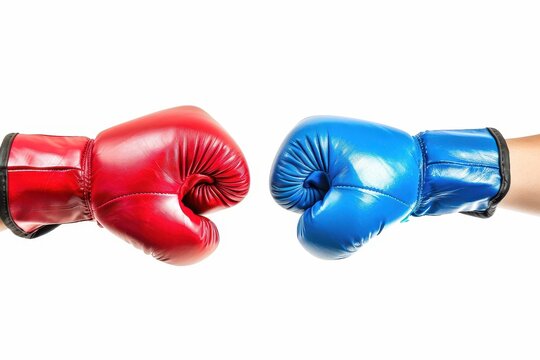 Red and blue boxing gloves in conflict on white background