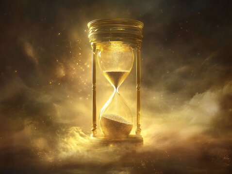 A glowing hourglass surrounded by golden sparkles and mist, symbolizing the passage of time in a magical, ethereal setting.