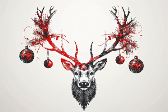 Retro style illustration. Silhouette deer's head wearing Christmas light garlands, decorated for New Year. Wild animal concept for vintage design Xmas greeting card wallpaper banner poster