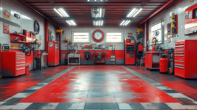 Realistic photo of inside of a red and white mechanic shop with no cars. vibrant colors. cinematic. 3D render. highly detailed, high resolution for magazine.