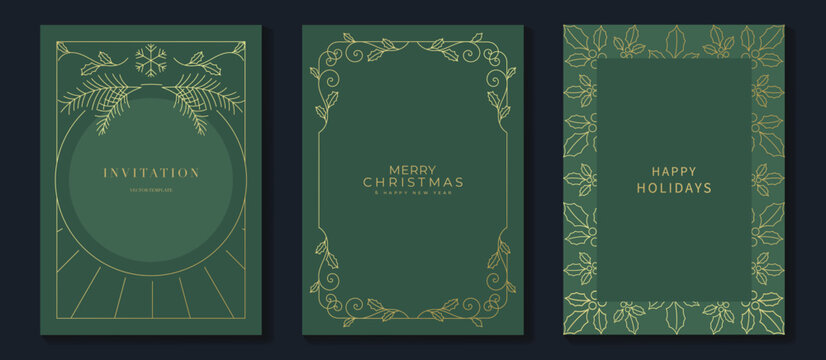 Luxury christmas invitation card art deco design vector. Christmas holly, snowflake gold line art on green background. Design illustration for holidays cover, season's greeting poster.