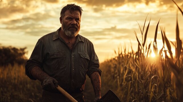 Professional photo of a rugged farmer in a field at sunrise, holding a shovel with muddy hands