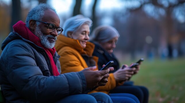 A group of seniors sitting in a park, using their smartphones to share photos and connect with friends, embracing technology in daily life."