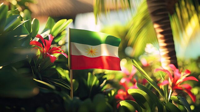 The Maldives flag in focus with a backdrop of lush greenery and exotic flowers