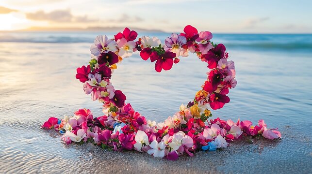 Heart created beautiful flowers ocean shore backdrop photos