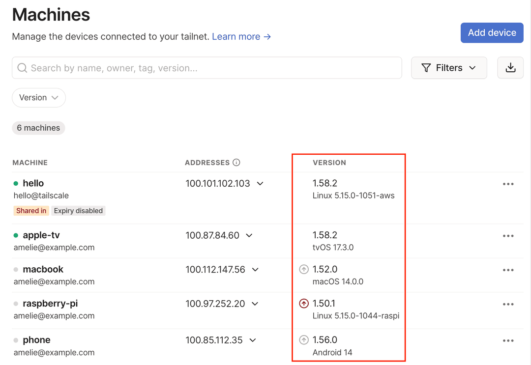 Devices showing the Tailscale client version.
