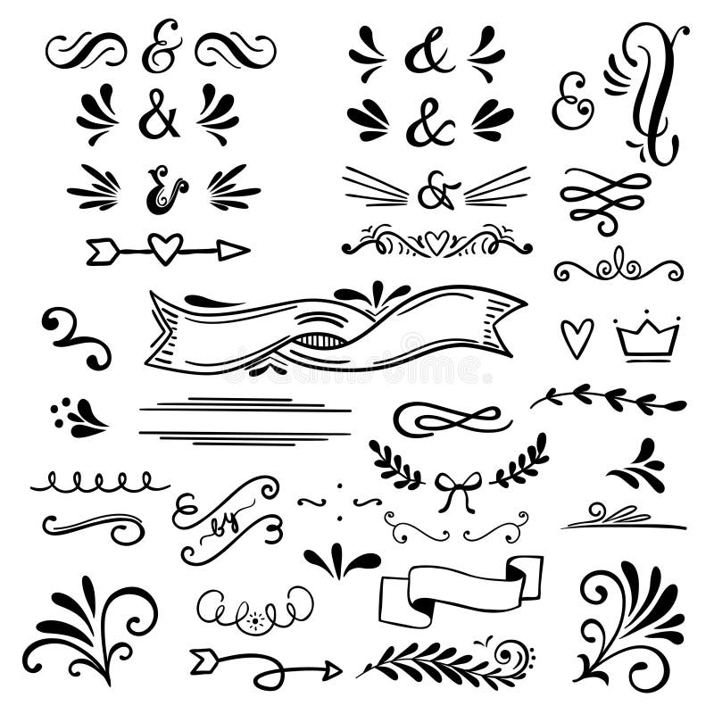 Floral and graphic design elements with ampersands.Vector set of text dividers for lettering.