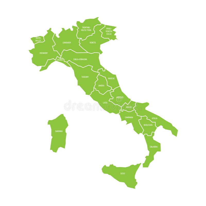 Map of Italy Divided into 20 Administrative Regions. Green Land, White ...