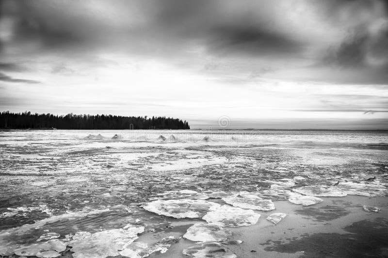 Monochromatic Winter River Landscape Stock Photo - Image of reflection ...