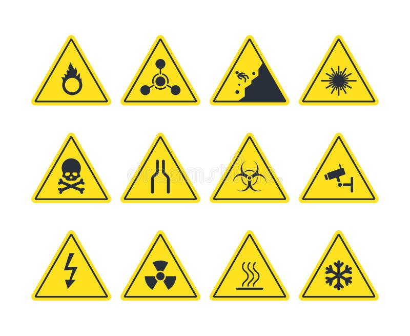 Road Signs Set. Yellow Warning Symbols Danger of Loose Soil Radioactive ...