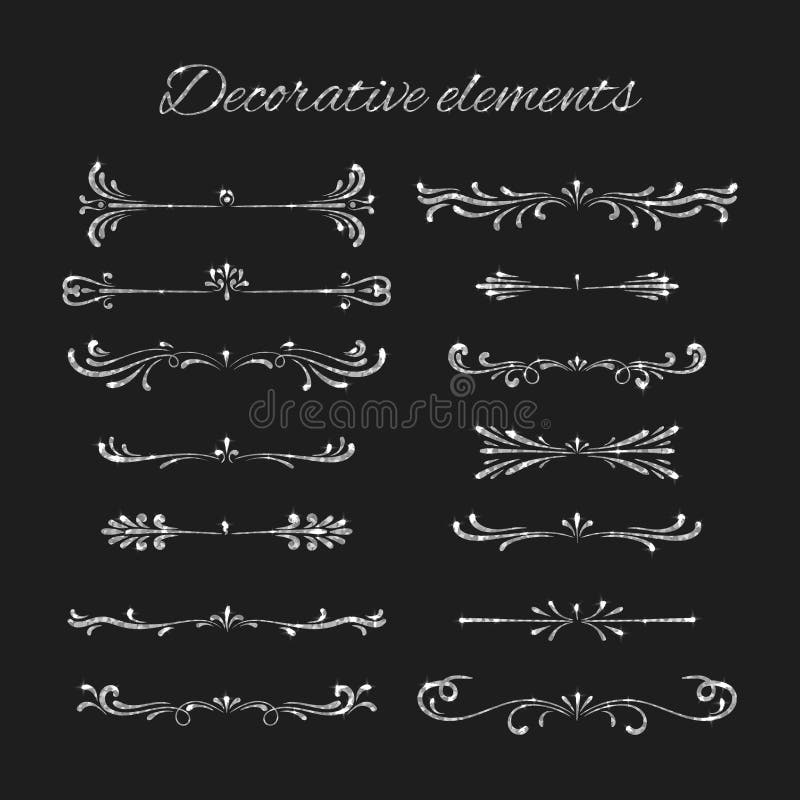 Silver text dividers set. Ornamental decorative elements.