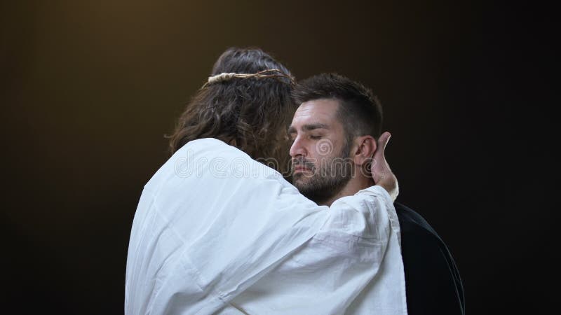 Kind Jesus Christ Hugging Poor Man Isolated on Dark Background ...