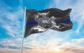 blue line flag of New York state, Usa at cloudy sky background on sunset, panoramic view. United states of America police flag.