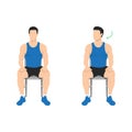 Man doing chair seated neck turns or head rotations. Neck rotation exercise. Turning head left and right. Healthy activity, office