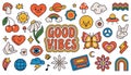 Retro 70s groovy elements, cute funky hippy stickers. Cartoon daisy flowers, mushrooms, peace sign, heart, rainbow