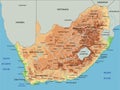 High detailed South Africa physical map with labeling.