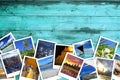 Travel photos on turquoise wood background