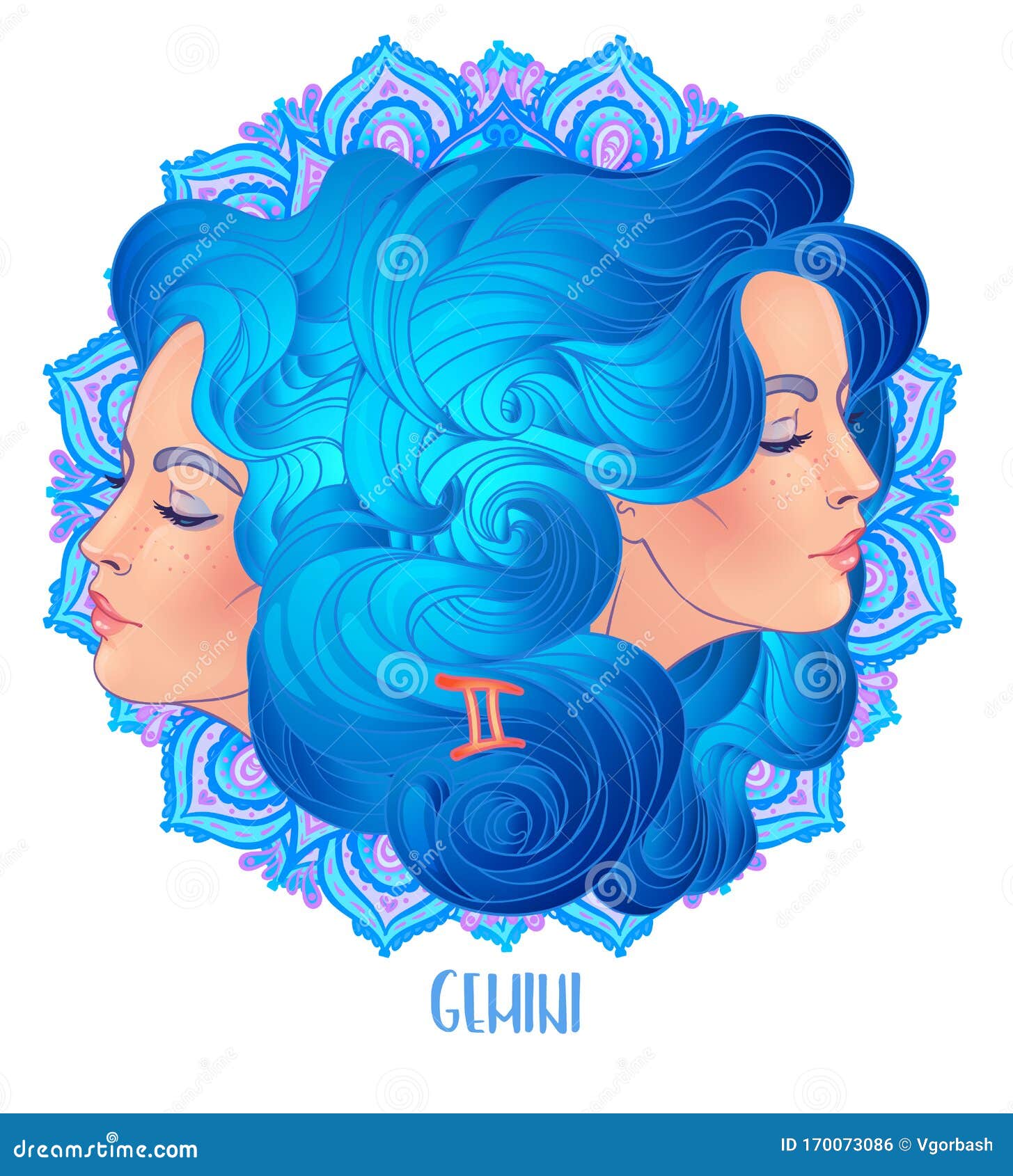 Drawing of Gemini Astrological Sign As a Beautiful Girl Over Ornate ...