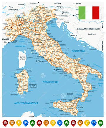 Italy Road Map and Colored Map Pointers Stock Vector - Illustration of ...