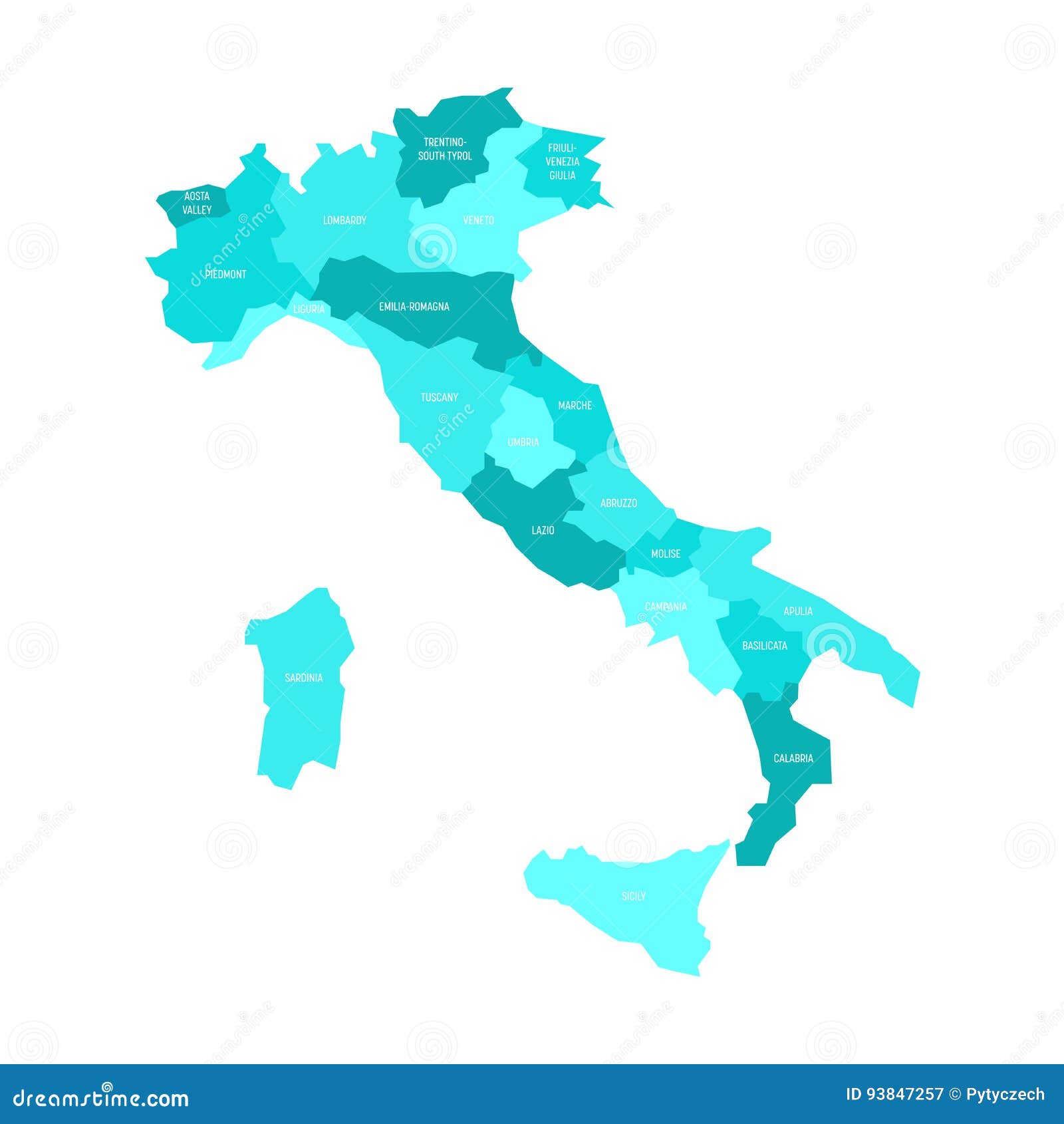 Map of Italy Divided into 20 Administrative Regions in Four Shades of ...