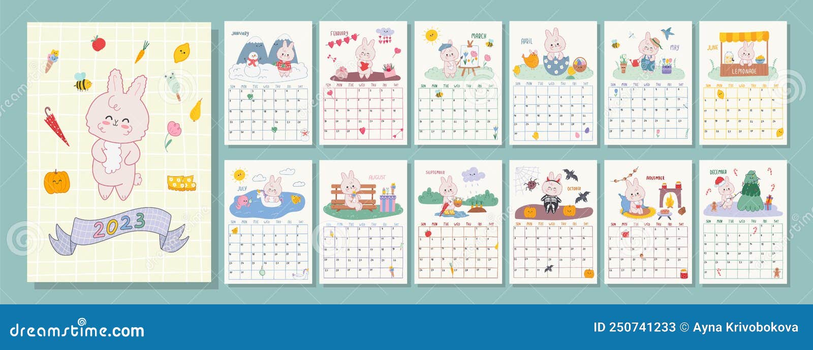 Vertical Calendar Template 2023 with Cute Kawaii Rabbit Symbol of the ...