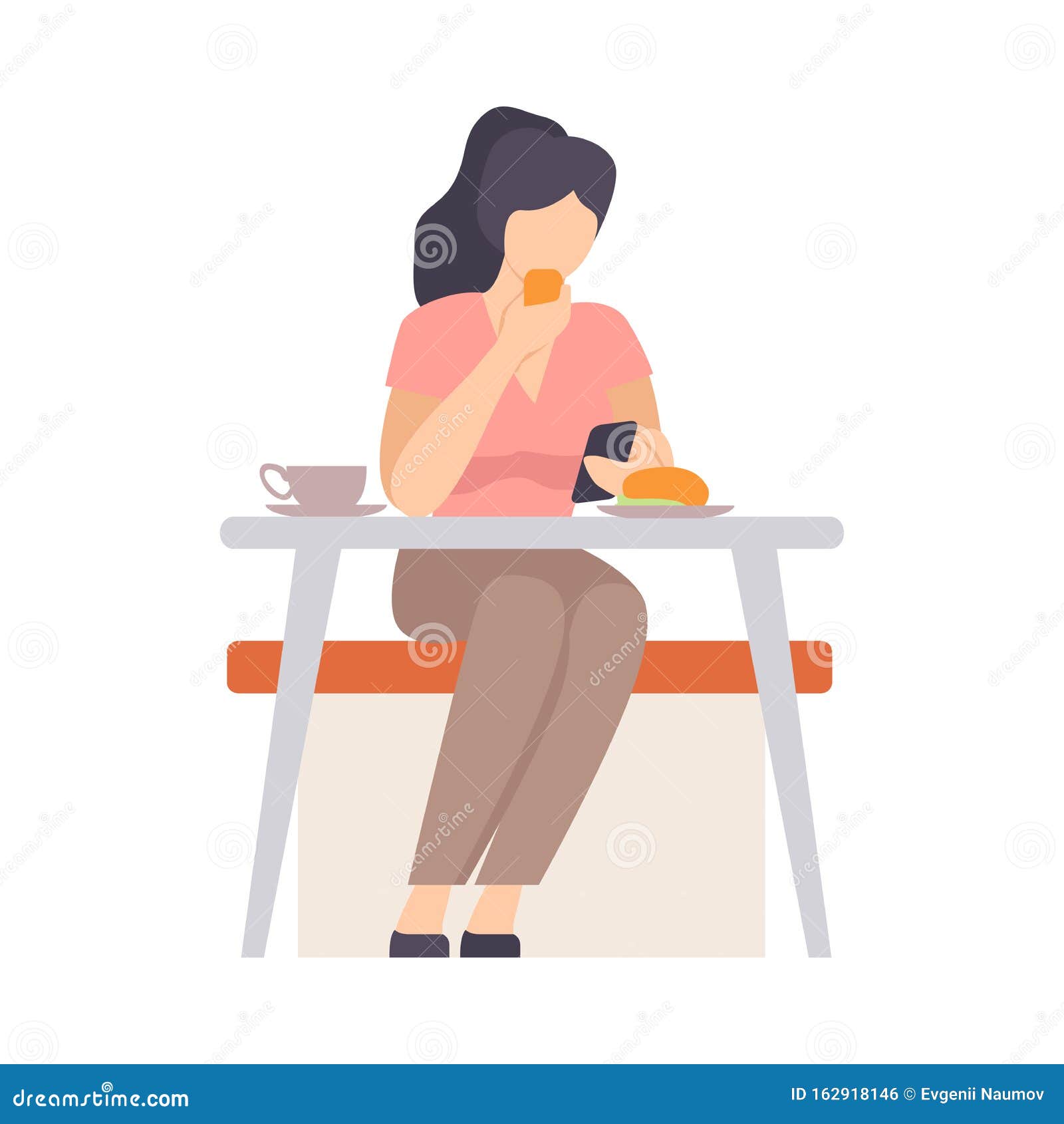 Woman Eats a Bun and Looks into a Smartphone. Vector Illustration ...