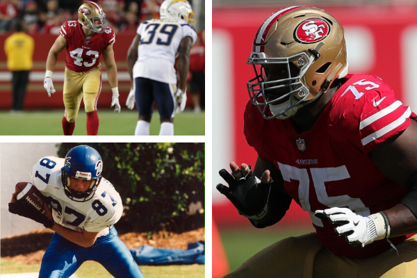 Alumni at the Super Bowl: Clockwise from top left: Daniel Helm, Laken Tomlinson and, from 1998, 49er coach Kyle Shanahan