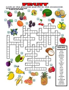 It can be used when teaching food, describing things, colours. FRUIT - CROSSWORD PUZZLE WITH PICTURES (food) by Agamat | TpT