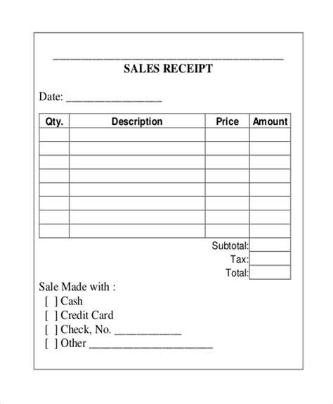 Printable Receipt Form