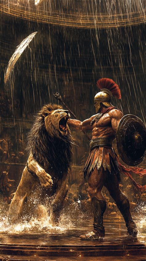 Spartan Warrior Facing A Lion Nel Gladiatori