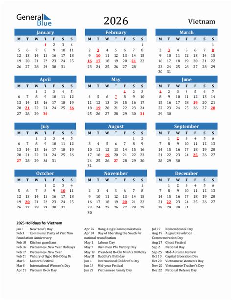 2026 Vietnam Calendar With Holidays