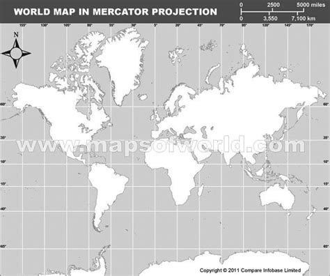 World Outline Map In Mercator Projection Grayscale