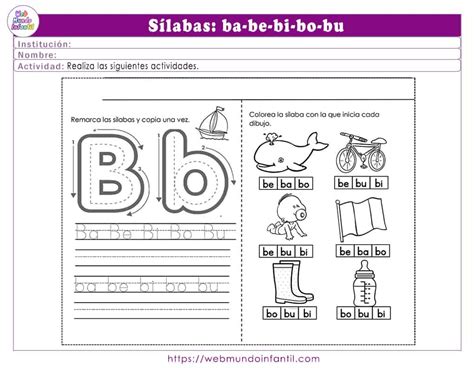 Ejercicios para aprender las sílabas ba be bi bo bu para niños