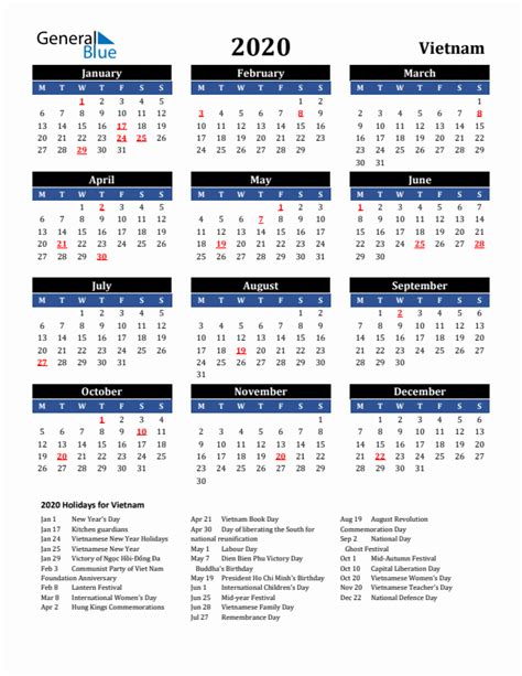 2020 Vietnam Calendar With Holidays