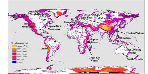 World Map Showing Major Mountain Ranges