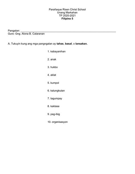 Uri Ng Pangngalan Ayon Sa Kayarian Worksheet Grade 6 Anotungkulin