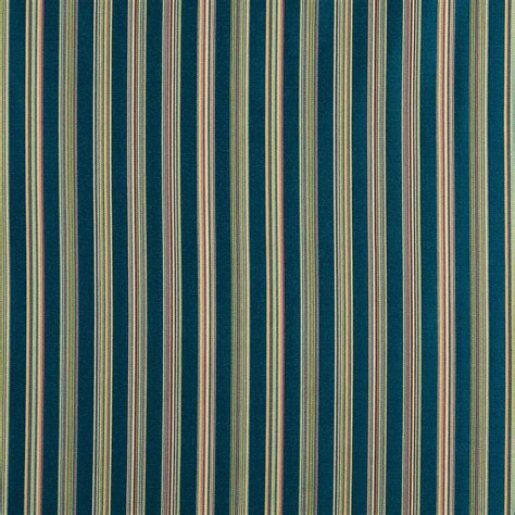 Blue Wide Stripe Coral And Green Contemporary Damask Upholstery Fabric