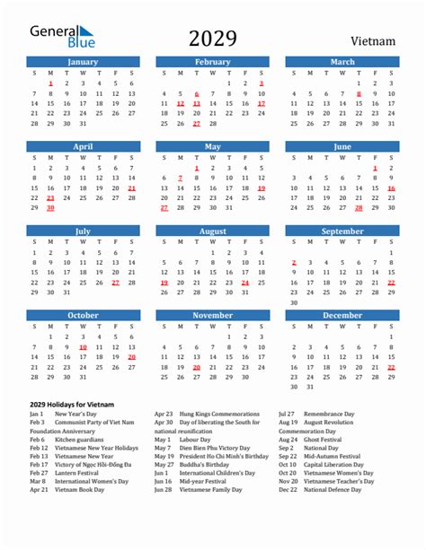 2029 Vietnam Calendar With Holidays