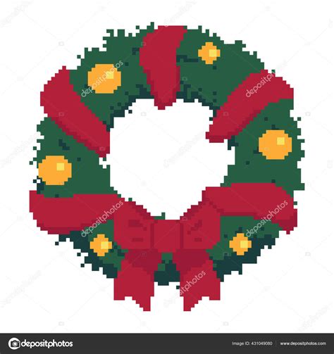 Christmas Wreath Pixel Art Style Bit Graphics Games Vector Illustration