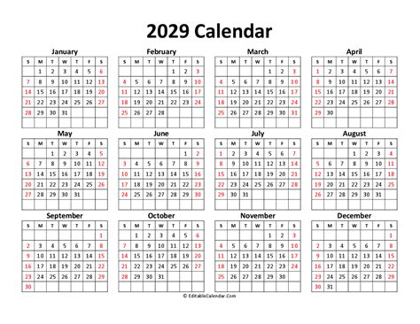 Download Printable Free Calendar 2029 Pdf Version