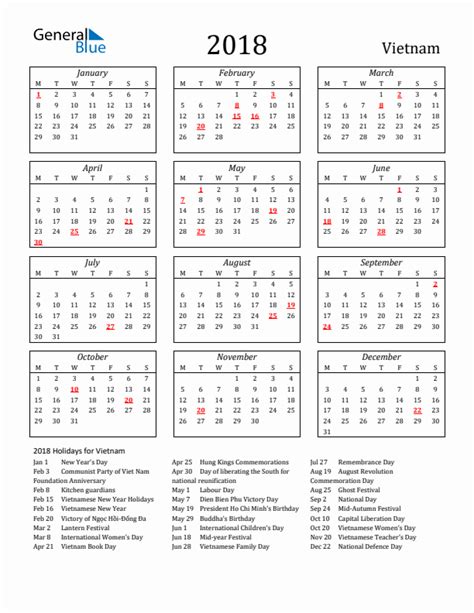 Free Printable 2018 Vietnam Holiday Calendar