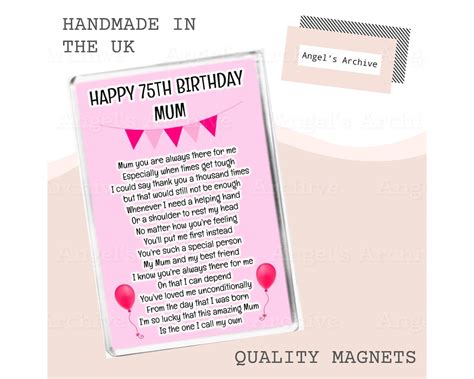 Happy 75th Birthday Mum Large Fridge Magnet Cute Pink Design