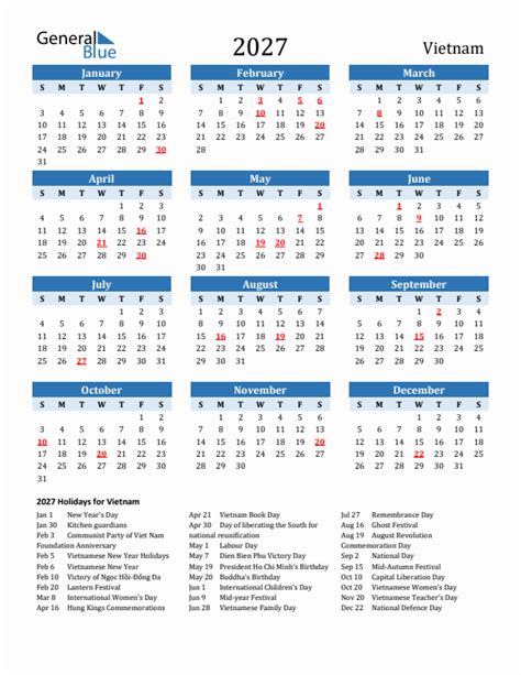 2027 Vietnam Calendar With Holidays