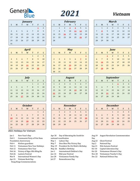 2021 Vietnam Calendar With Holidays