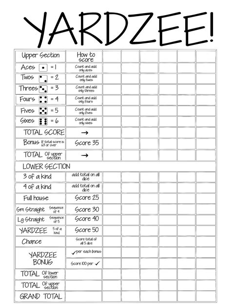 Printable Yahtzee Score Sheet