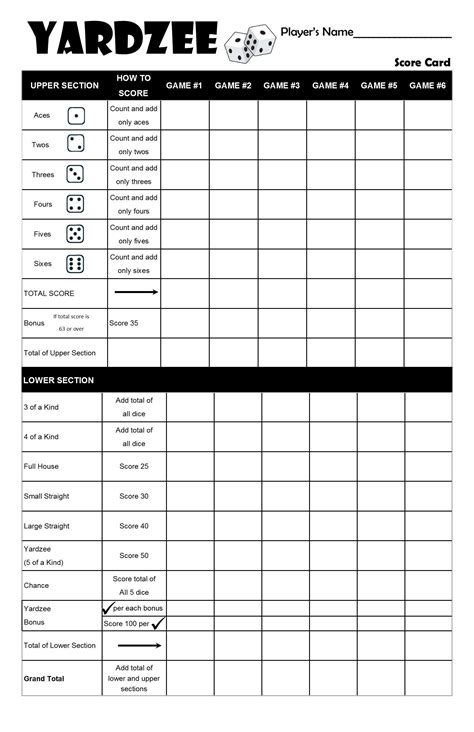 Printable Yardzee Yahtzee Laminated Score Sheet Scorecards With Rules