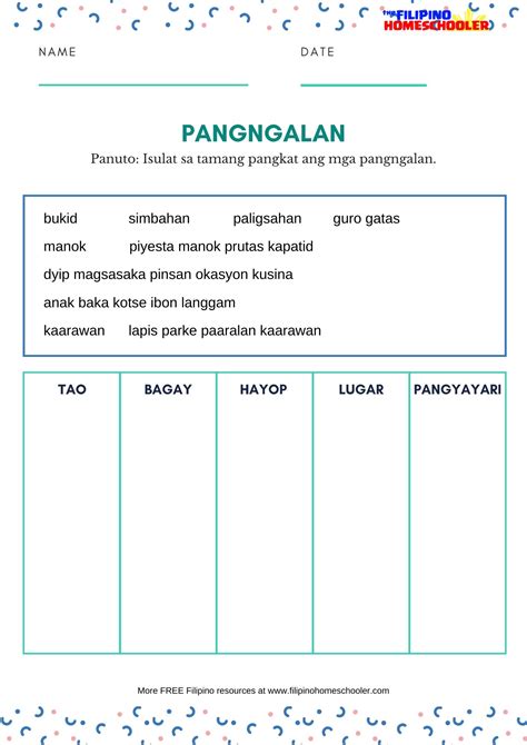 Mga Uri Ng Pangngalan Worksheet